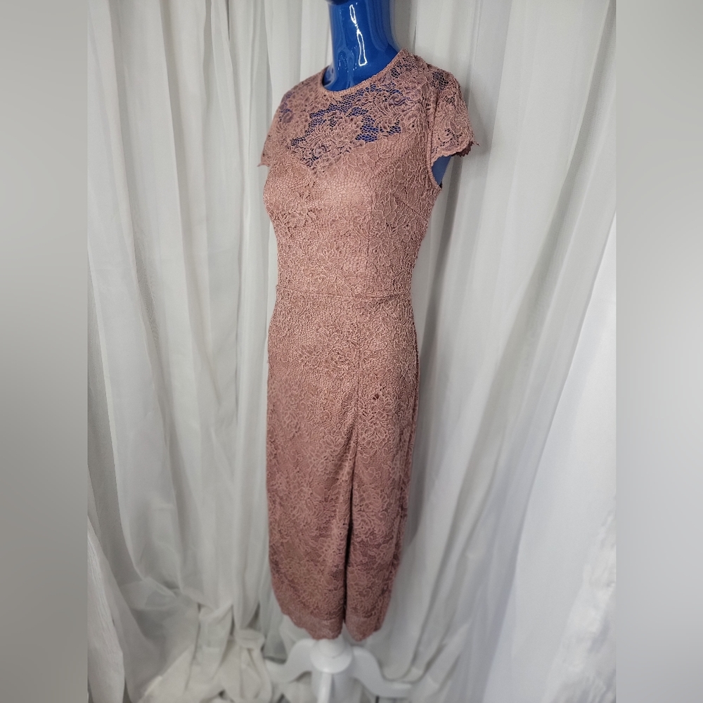 Dusty rose lace cap sleeve sheath dress with side slit